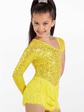 Weissman Yellow Sequin Fringe One-Shoulder Dance Costume